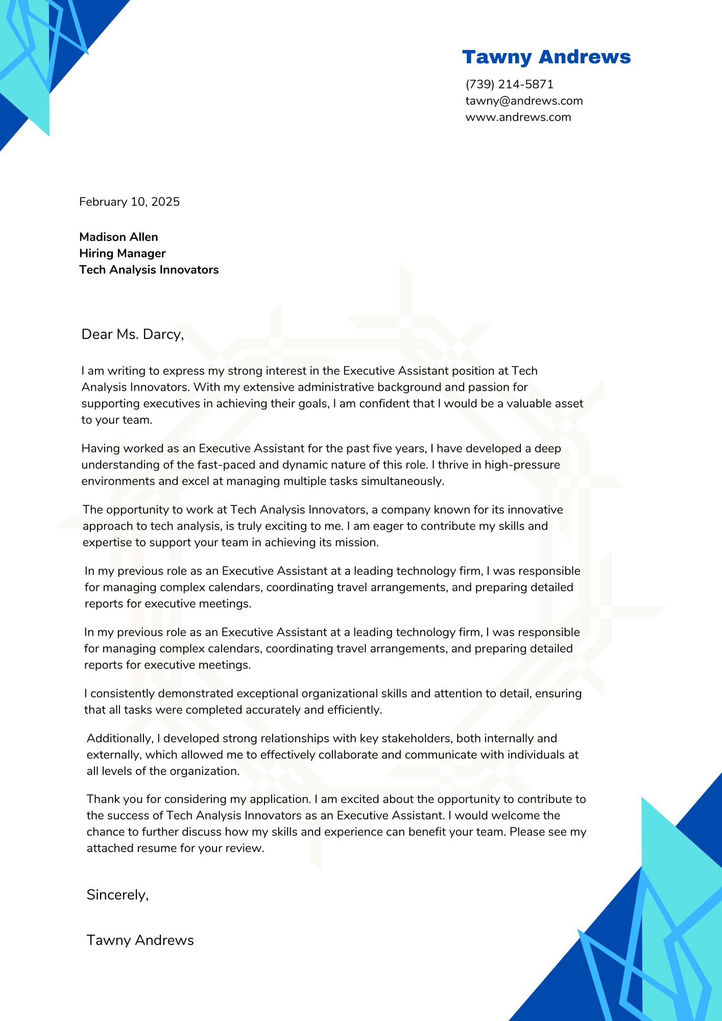 Executive Assistant Cover letter